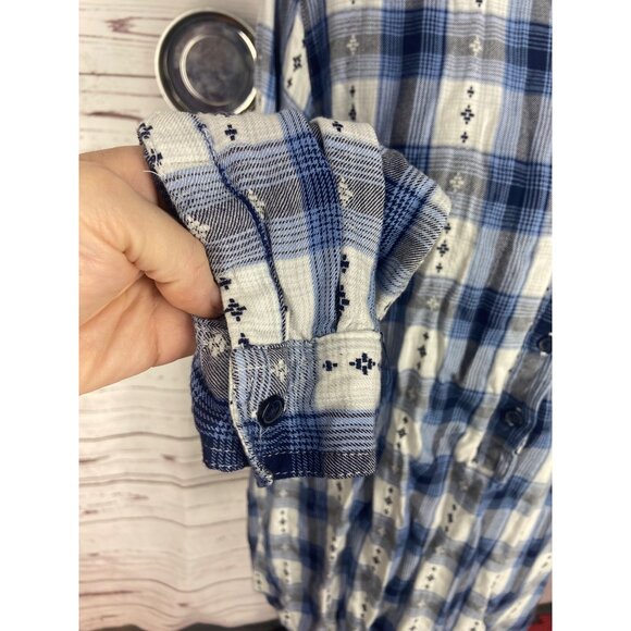 Cato Blue White Hi Low Plaid‎ Long Roll Tab Sleeve Comfy Coastal Grandma Popover - Picture 4 of 8
